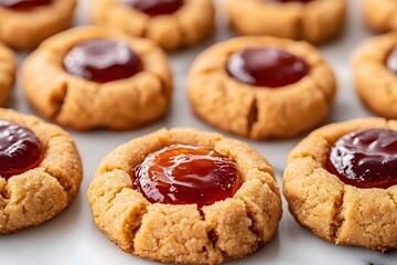 Batch of Peanut Butter and Jelly Thumbprint Cookies with Jelly Center