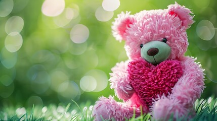 Fototapeta premium Pink teddy bear carries a heart shape with green background