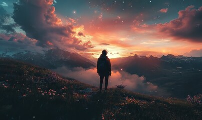 Obraz premium Solo Hiker Admiring Breathtaking Mountain Sunrise