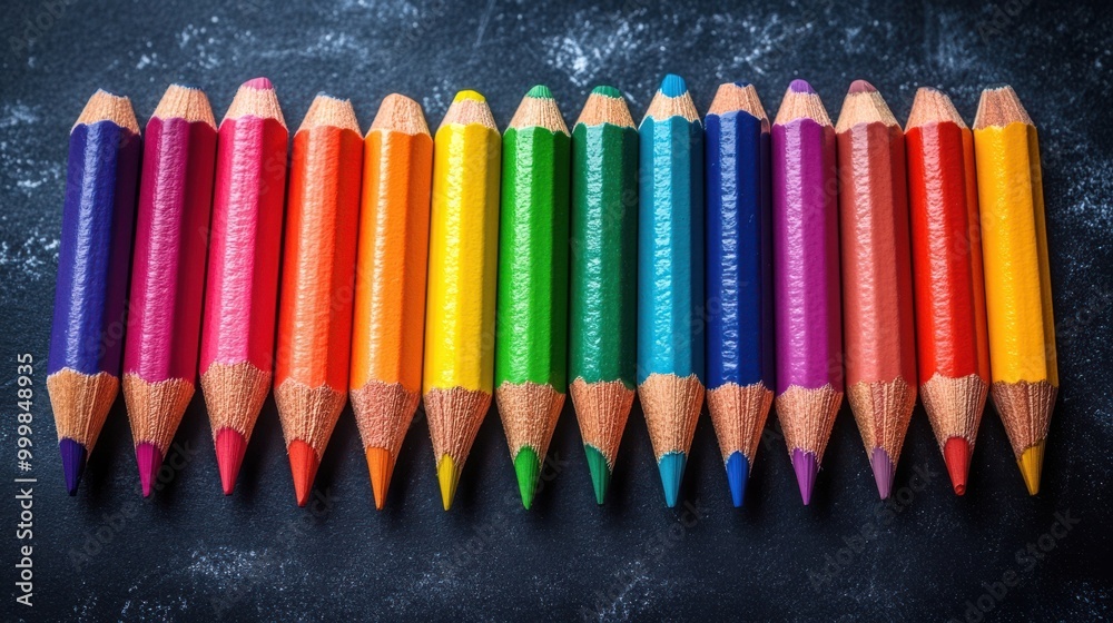 Aufkleber A spectrum of colored pencils arranged in a line on a dark surface, showcasing a vibrant array of hues