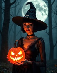 Fototapeta premium Pretty blonde in a witch costume with Halloween.