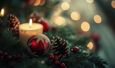 Obraz premium Christmas Candle and Ornaments on Bokeh Background