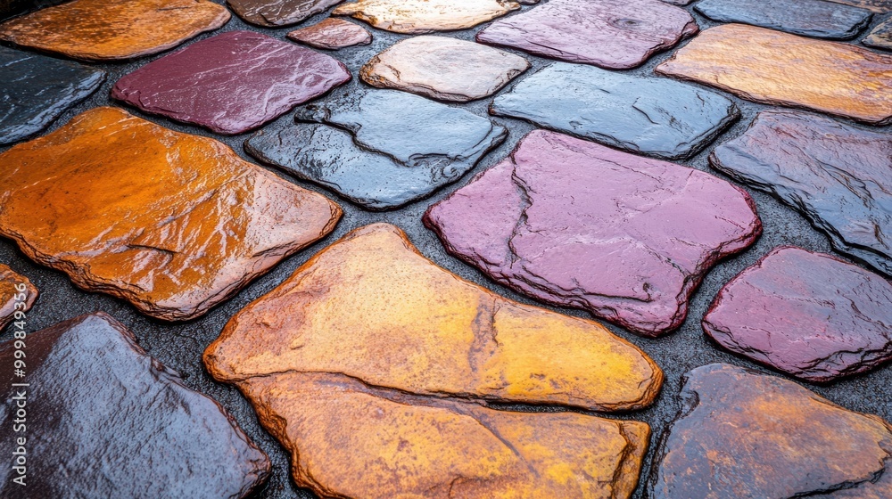 Aufkleber a vibrant stone pathway with irregular shapes and rich hues, reflecting the subtle play of light and