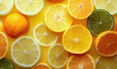 Obraz premium Assorted Citrus Slices on Yellow Background