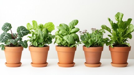 A collection of potted leafy greens on a white surface.