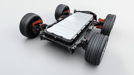 Electric Car with lithium ion battery assembly production Line with pack of battery cells module on platform.