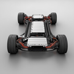 Electric Car with lithium ion battery assembly production Line with pack of battery cells module on platform.