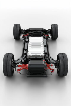 Electric Car with lithium ion battery assembly production Line with pack of battery cells module on platform.