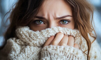 Close-up of woman in cozy knitwear with intense gaze