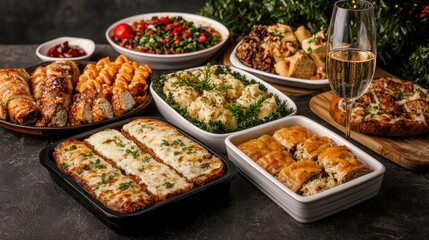 Obraz premium A festive spread of delicious dishes, featuring pasta, salads, and desserts, perfect for holiday gatherings and celebrations.