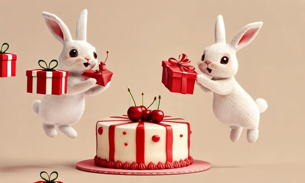 cute cartoon rabbit and gift box with red bow and easter bunny on pink background