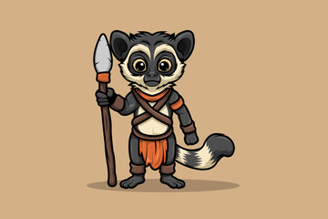 Mascot Character Lemur Warrior Tribe Holding Spear