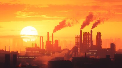 A city skyline with a large sun in the background. The sun is setting and the sky is orange. The city is surrounded by a large body of water