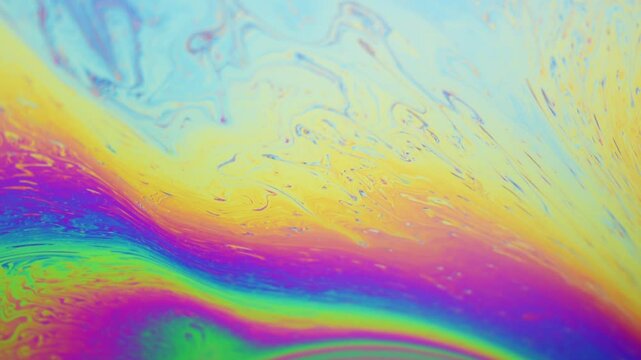 Close-up macro of colorful iridescent moving soap film surface, abstract vibrant rainbow colored pattern and texture background
