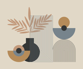 Estetyczna współczesna kompozycja z abstrakcyjnym elementem botanicznym, geometrycznymi kształtami. Ilustracja wektorowa do wykorzystania dla sztuki ściennej, tapety, dekoracji, wystroju wnętrz. © Monika