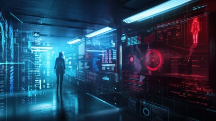 Futuristic Data Center with Female Figure