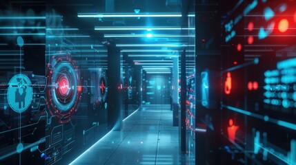 Futuristic Server Room with Digital Interfaces