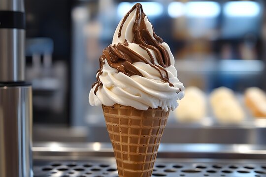 Soft Serve Ice Cream Machine Dispensing Vanilla and Chocolate Swirls into a Cone