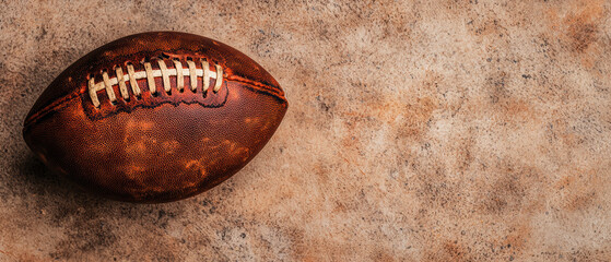 A football is on a brown surface