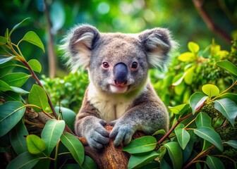 Fototapeta premium Adorable Koala Sitting Comfortably in a Tree Surrounded by Lush Green Leaves in Natural Habitat