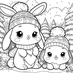 Coloring page - bunny in the winter forest - featuring a cartoon animal, line art drawing, perfect for a children's coloring book.