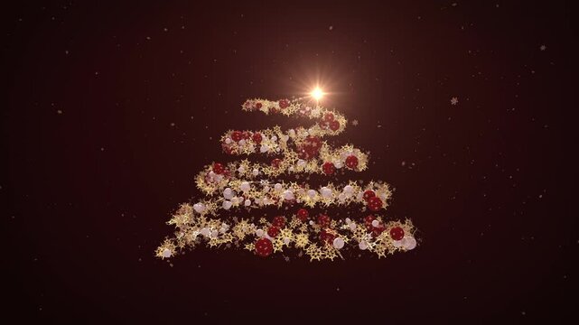 Glowing Christmas tree animation with globes and snowflakes garland on red. Holiday concept and background 4k