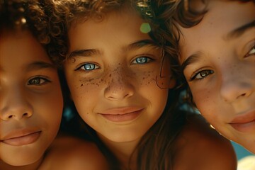 Three diverse children, a white girl with curly hair and blue eyes in the middle of two black girls...