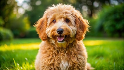 Fototapeta premium Adorable Mini Goldendoodle Dog Sitting on Grass with Playful Expression and Fluffy Fur Coat