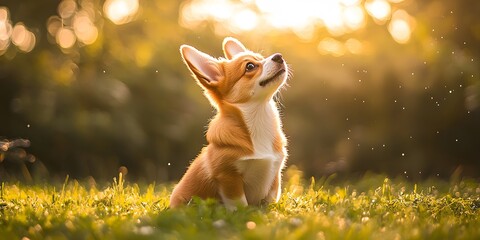 An adorable corgi puppy sits in lush green grass, with golden hour light creating a dreamy atmosphere. The outdoor pet photograph features soft bokeh, magical fairy lights, and a cute expression.