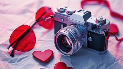 Silver colored point and shoot film camera and heart shaped red sunglasses
