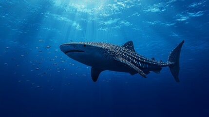 Naklejka premium A majestic whale shark glides through deep blue waters, surrounded by smaller fish, showcasing marine life beauty.