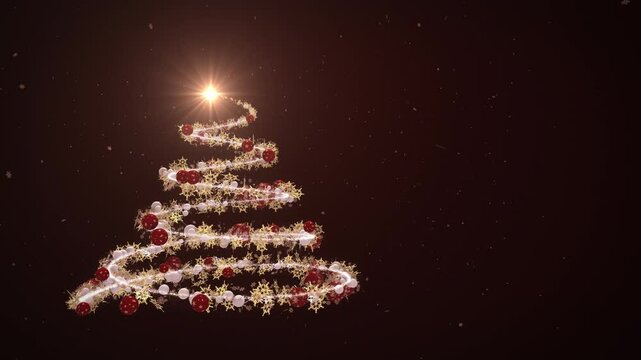 Glowing Christmas tree animation with globes and snowflakes garland on red. Holiday concept and background 4k