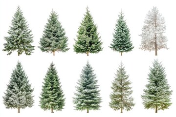 Obraz premium Ten Evergreen Trees Covered in Snow on a White Background