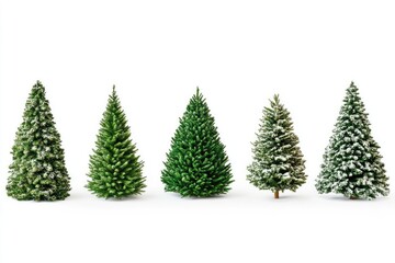 Obraz premium Five Green Christmas Trees with Snow Isolated on White Background