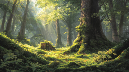 Fototapeta premium A serene forest scene with ferns and moss growing on ancient tree trunks
