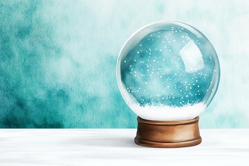 A beautiful snow globe sitting on a wooden table. Inside the globe, delicate snowflakes twirl softly, creating a magical winter scene against a serene aqua background.