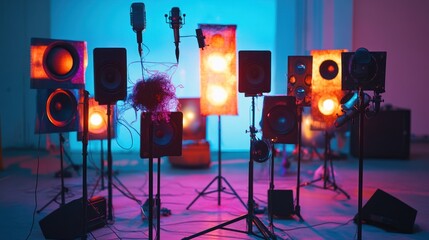Sound art installation with speakers, microphones, and visual elements, blending auditory experiences with visual storytelling.