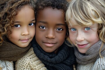 Closeup of three children, two girls and one boy from different ethnicities smiling at the camera