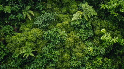 An overhead view of a forest floor blanketed with a thick layer of moss and ferns