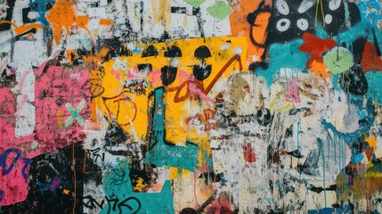 Street art mural on an urban wall, filled with graffiti tags, bold colors, and creative designs that reflect city life and street culture.