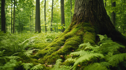 Ferns and moss growing around the base of a large, ancient tree in a dense forest