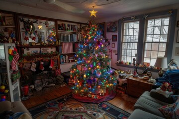 Naklejka premium A Christmas Tree in a Cozy Living Room with a Fireplace and a Decorated Mantel