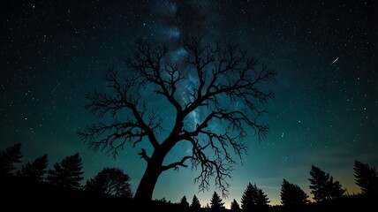 Fototapeta premium Silhouetted tree against a starry night sky.