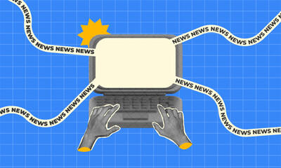 Halftone collage Modern Design, Digital news concept illustration media featuring laptop screen and flowing headlines. Perfect for articles, blogs, or media, trending topics, and information flow