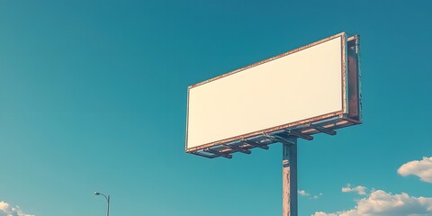 An empty billboard is set against a cloudless blue sky, viewed from a low angle. This minimalist urban composition features bright daylight, high contrast, and photorealistic details.