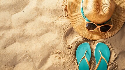Summer backgrounds beach sandals sunglasses and sunhat shot from above on sand background