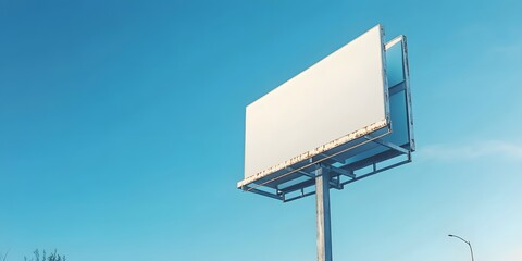 An empty billboard is set against a cloudless blue sky, viewed from a low angle. This minimalist urban composition features bright daylight, high contrast, and photorealistic details.