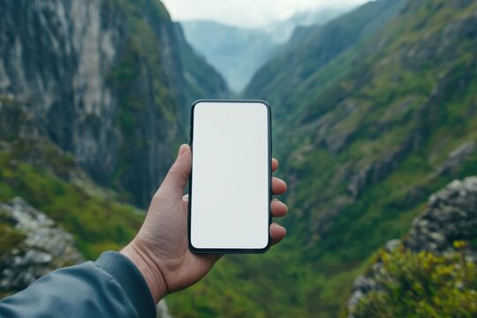 A hand holds a blank-screen mobile phone on a mountain cliff, with a  forest and sky in the background,generative ai