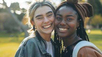 Friendly young women from different ethnic backgrounds, standing closely and smiling