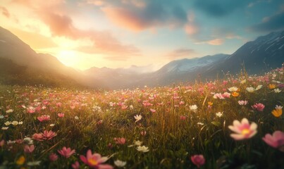 Obraz premium Sunrise over Mountain Meadow with Vibrant Wildflowers